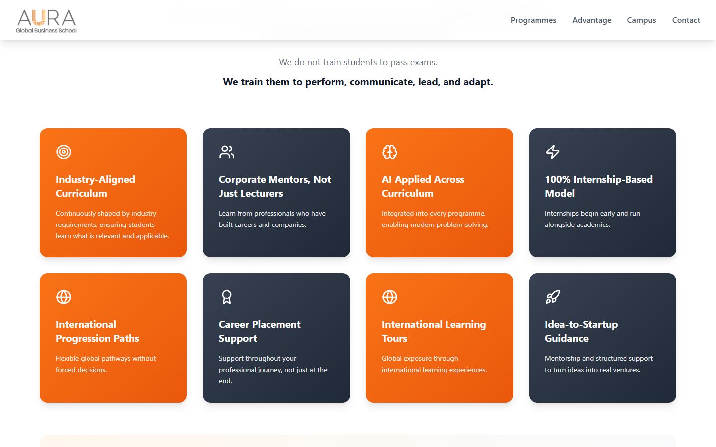 Aura landing page: six reasons, from industry-aligned curriculum to idea-to-startup guidance